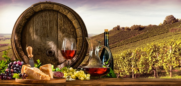 Barrel with glas of red wine and cheese on vineyard